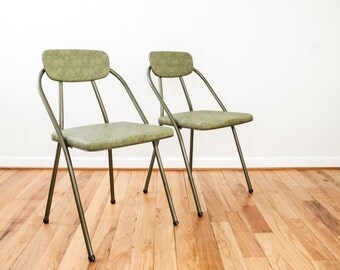 folding chairs, mid century chairs, retro chairs, matching pair of green Hamilton Cosco metal & vinyl folding chairs, mcm, retro, industrial