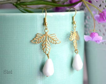 White drop earrings leaf earrings