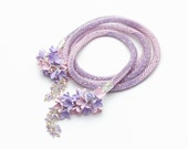 Bead Crochet necklace -Provence - purple and pink color, long jewelry,  Beadwork Flower Garden Polymer clay Bead Crochet necklace