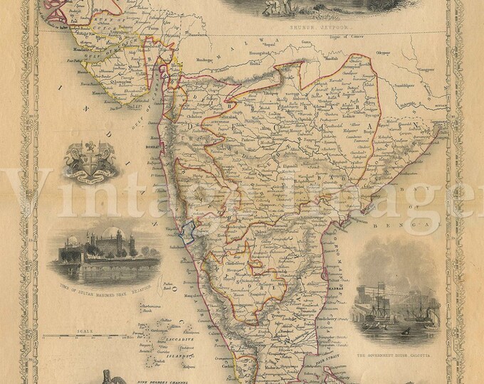 Old Map of india 1851 Southern Old India Map Indian Wall Decor Bombay Madras Restoration Hardware Style Map India Wall Art