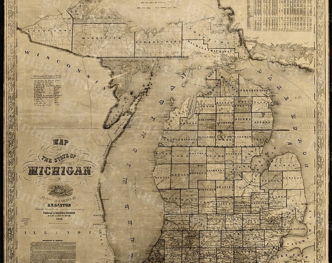 Vintage Michigan map, vintage 1856 old map of Michigan, Old Antique Restoration Hardware Style wall Map, Lake Michigan map. Fine Art Map