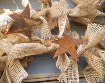 Burlap Garland, Rustic Burlap Garland, Rustic Garland, Rusty Stars, Star Garland, Rustic Wedding Decor, Primitive Garland, Burlap