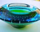 Vintage Mid Century Green Blue Heavy Art Glass Ashtray Dish