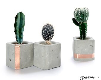 Geometric Concrete Copper Cups, Set of 3 Small Cube Concrete Air Plant Holder, modern concrete decor, organizer, candle holder