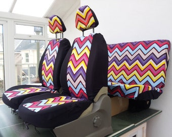 Set of car seat covers; front and rear covers: chevron design fabric, protective car cover, english print. With 4 x head rest covers. candy