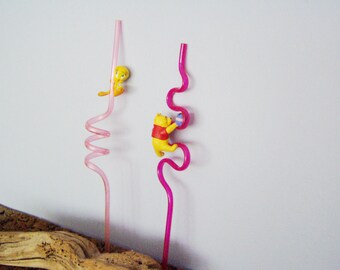 Vintage reusable straws, vintage set of Tweety and Winnie the Pooh plastic straws, pale pink and magenta straws, toy straws, early eighties