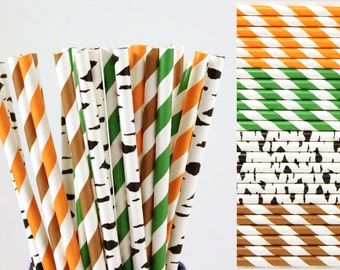 Woodland Paper Straw Mix-Orange Straws-Green Straws-Tree Straws-Brown Straws-Striped Straws-Party Straws-Mason Jar Straws-Cake Pop Sticks