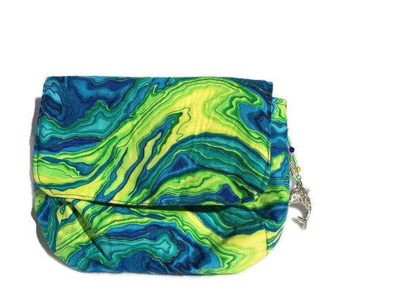 Blue and Green Swirls Camera Bag, Jewellery Bag or Cosmetics Bag with Swarovski Crystals - Medium