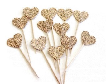 Cupcake Toppers. Gold Glitter Hearts. Pack of Twelve. Wedding - Engagement - Formal Function