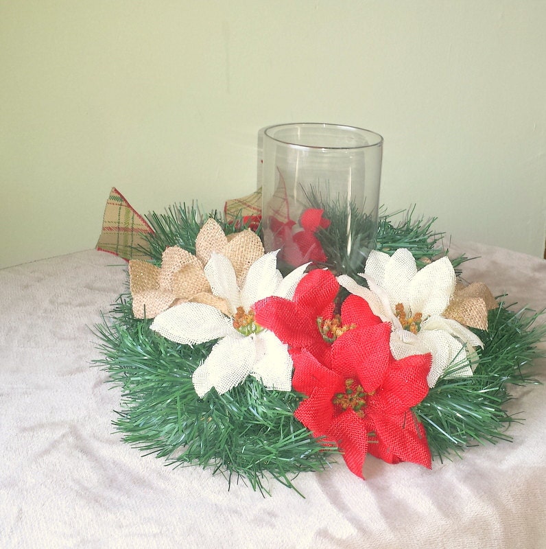 Rustic Christmas Burlap Poinsettia Candle Ring,Rustic Xmas Candle wreath,Rustic Poinsettia Centerpiece,Christmas Candle Decoration,Xmas ring