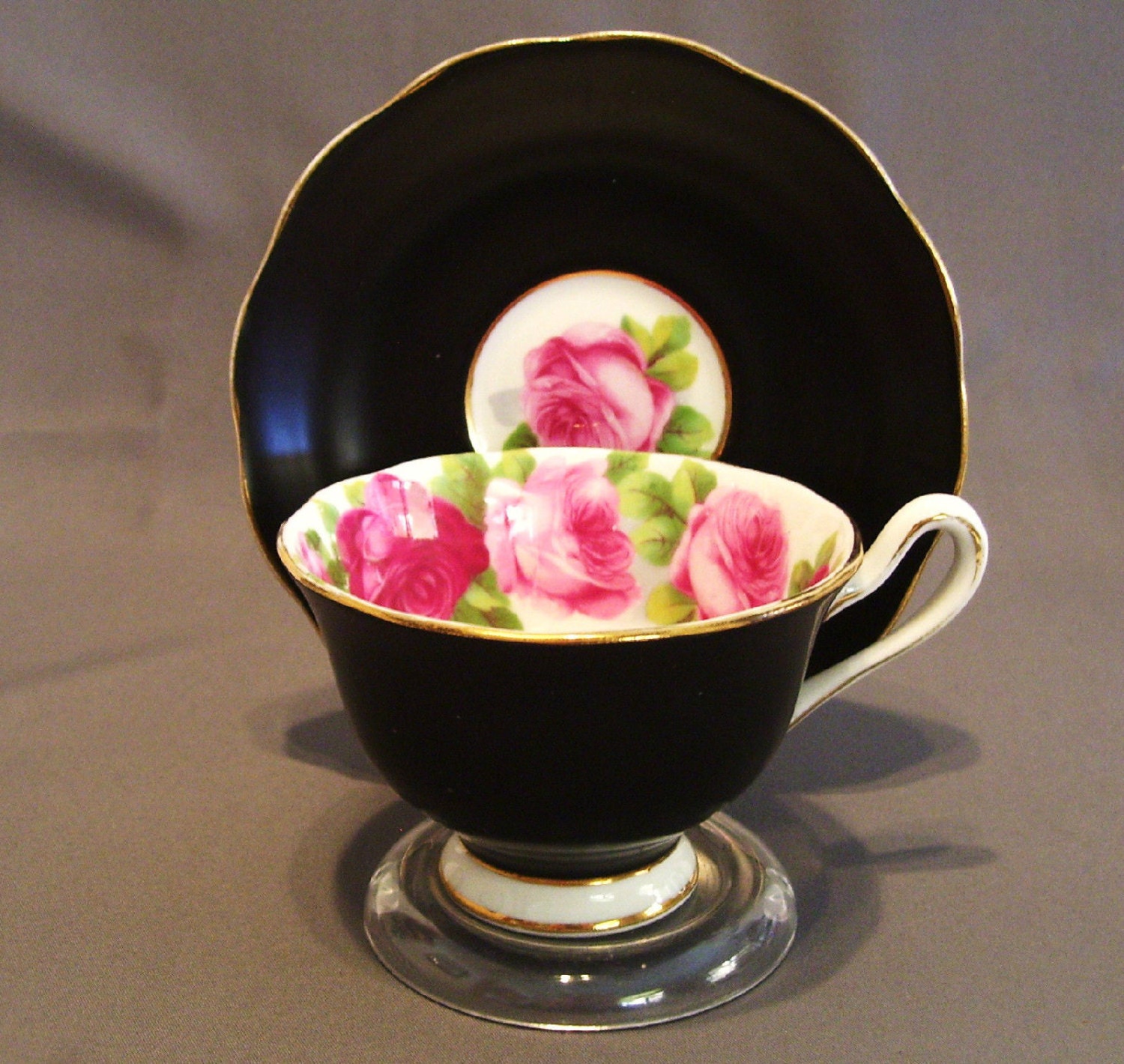 Royal Albert Old English Rose Tea Cup and Saucer Matt Black Haute Juice