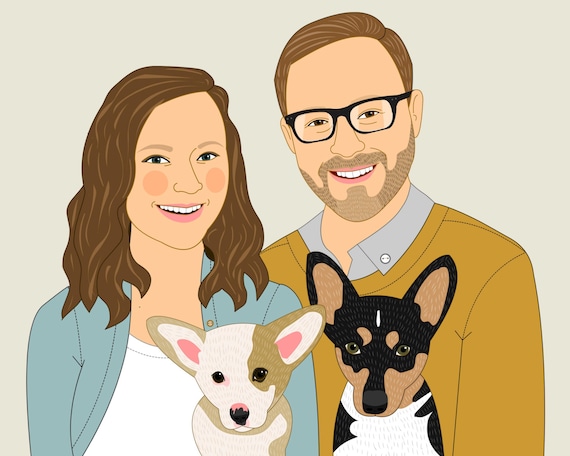 Two person and two pet portrait. Custom Portraits.  Personalized wedding gift. digital file, print or stretched canvas.