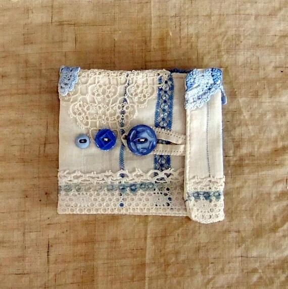 Handmade Needle Book Made From Vintage Linens and Blue