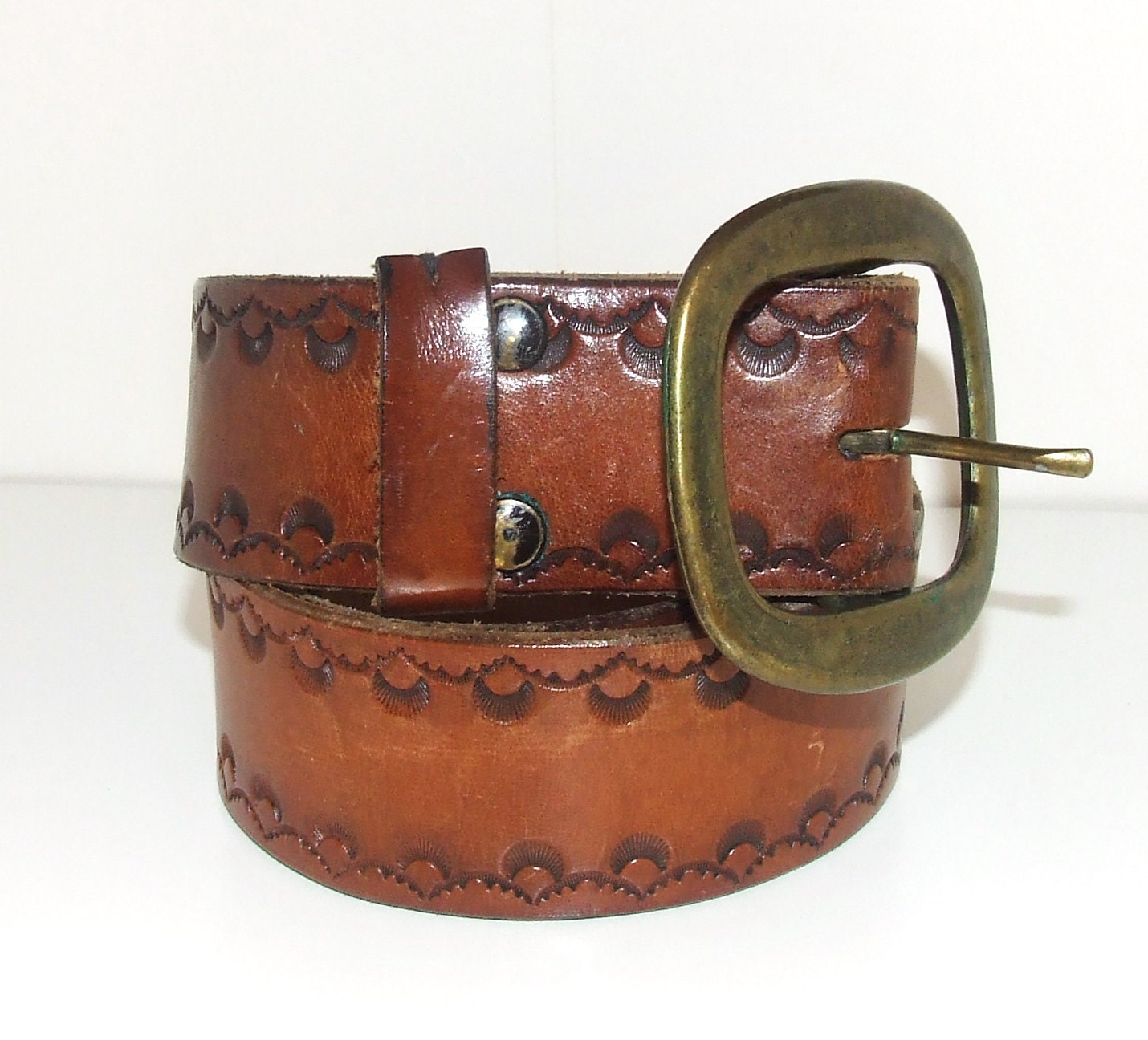 Vintage Snap On Tooled Leather Belt, Brown Leather Belt,Brass Buckle ...