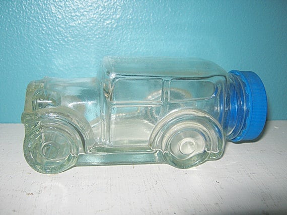 Clear Glass Car Shaped Jar With Blue Plastic Lid Bubble Gum