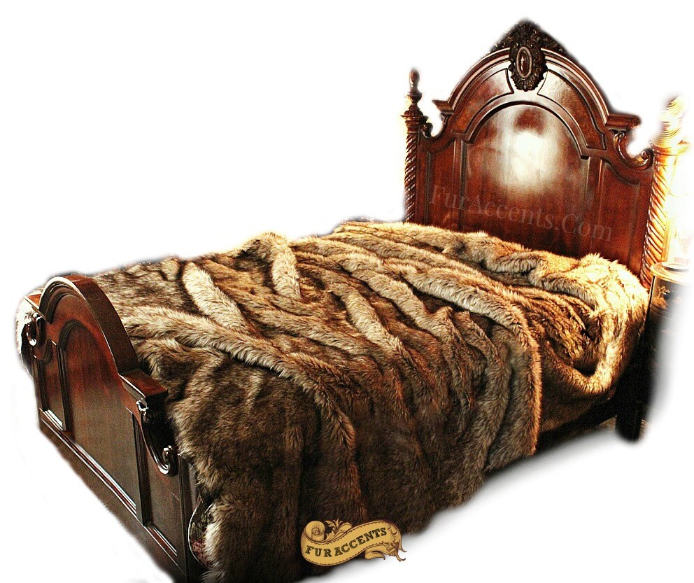 FUR ACCENTS Faux Fur Bedspread / Light Brown Coyote Fur
