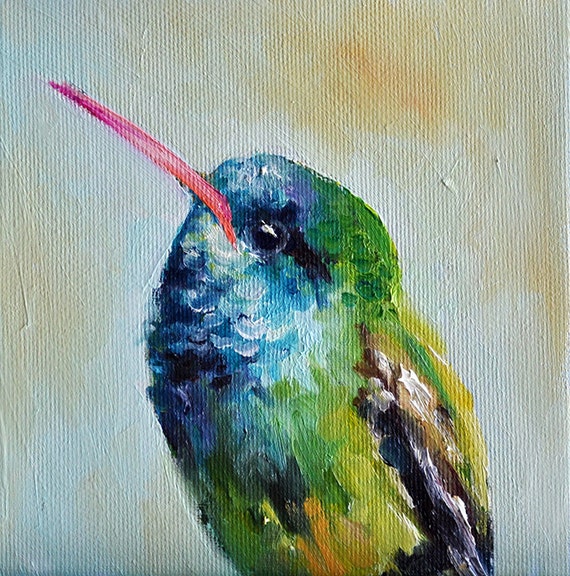 Original Oil Bird Painting Impressionist Blue Green