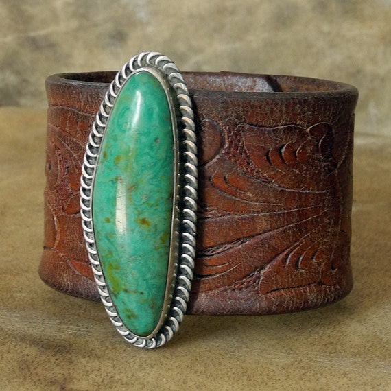 Leather Cuff Bracelet with Old Pawn Jewelry by RocaJewelryDesigns