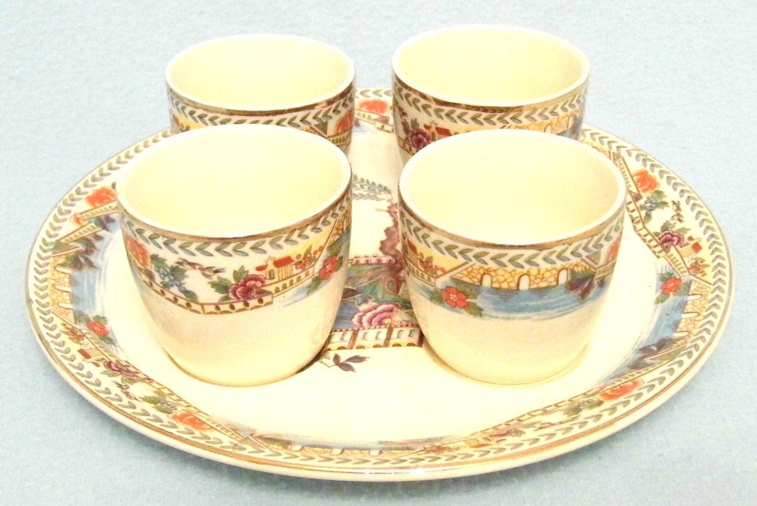 Vintage Egg Cruet Set, Chinoiserie Chinese Design to Base Holder, Four