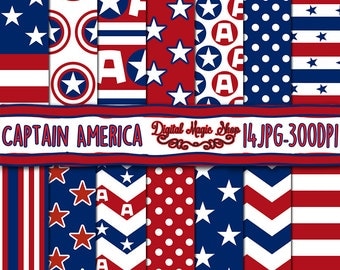 Captain America inspired digital paper, seamless pattern, Red, Blue - 14pcs 300dpi (paper crafts, card making, scrapbooking) Commercial use