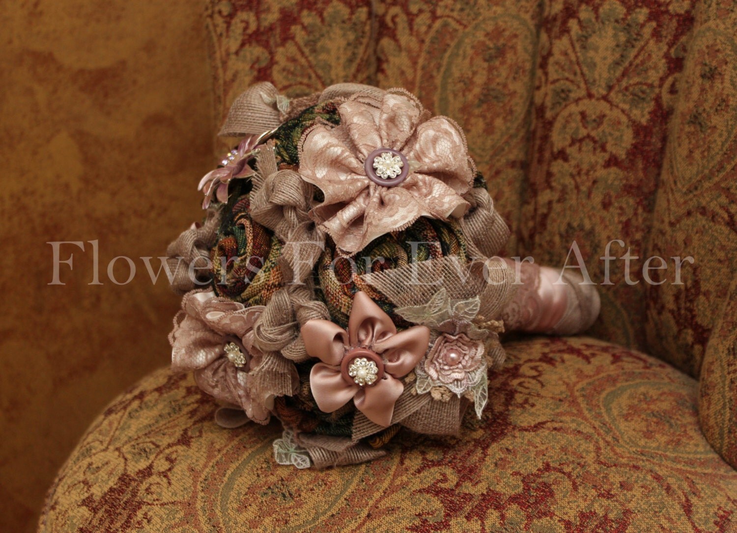 Marion Bridal Posy, Vintage Tapestry, Lace and Dusty Pink Brooch & Fabric Flowers Bouquet