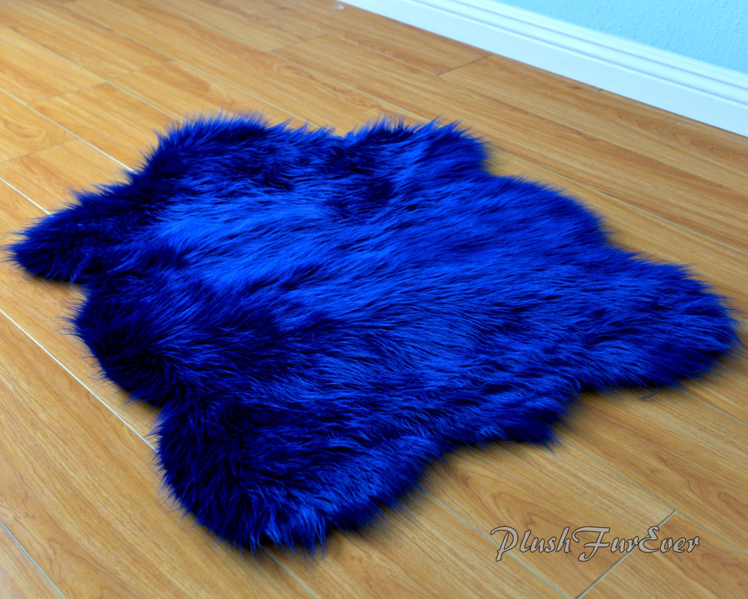 Navy Blue Shaggy Plush Sheepskin Faux Fur Nursery Rug Luxury