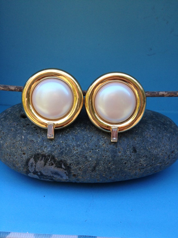Old School Vintage Giant Clip On Earrings With Pearl and Emerald Cut Crystal  Accent