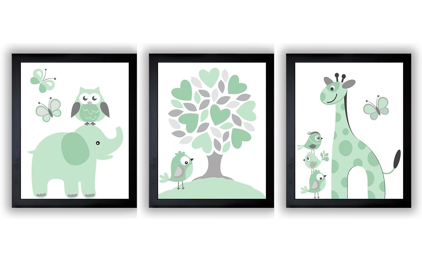 Mint Green Grey Nursery Art Print Set of 3 Elephant Owl Bird Tree Giraffe Baby Nursery Print Child K