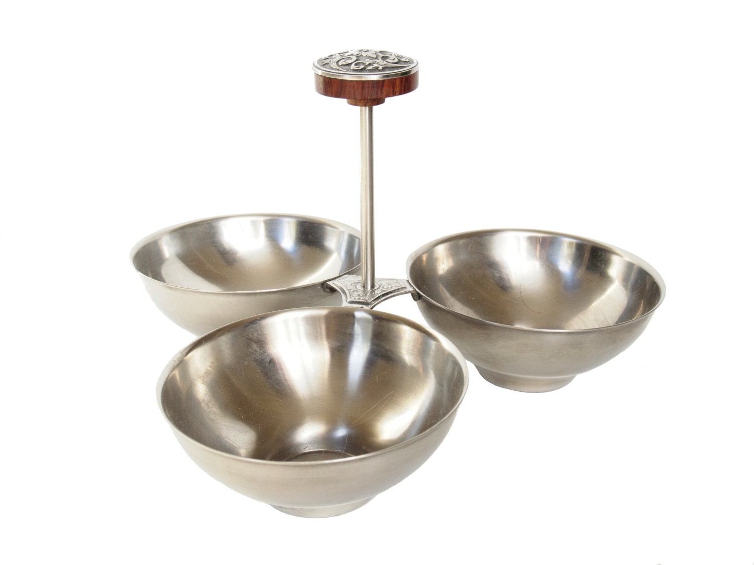 Vintage Stainless Steel Triple Condiment Serving Tray with