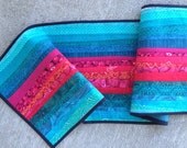 Quilted table runner. Spring table topper. Kitchen art. Teal and magenta. Wedding gift. Landscape runner. Small wall hanging. Modern  quilt.