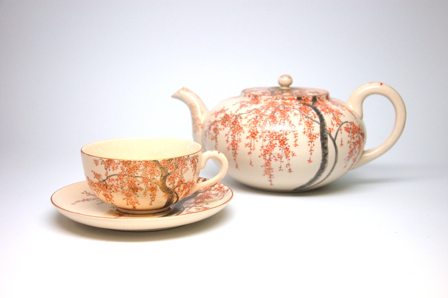 Japanese Satsuma Wisteria Teapot and Teacup Set Butterfly