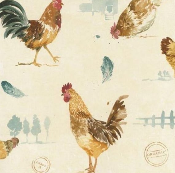 Green and Cream Country Roosters - Organic, Off White, Farmhouse, Farm House, Chickens, Animals, Kitchen Decor - By The Yard -  FK34434 so