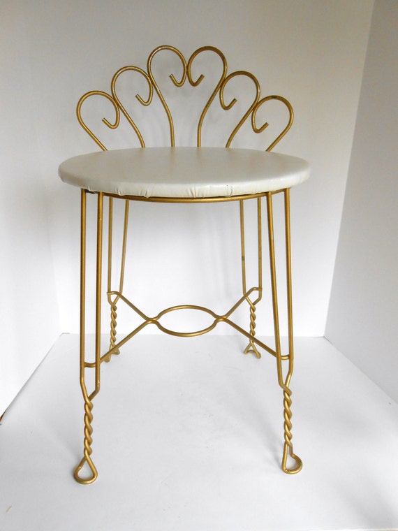 Vintage Vanity Stool with Gold Colored Twisted Metal Frame and