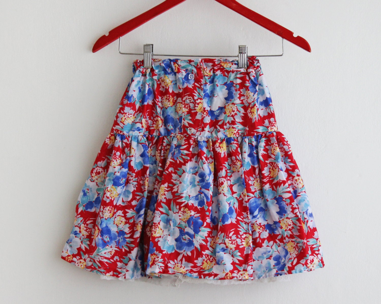 Vintage Girls Floral Skirt 80's Red Full Skirt For Girls