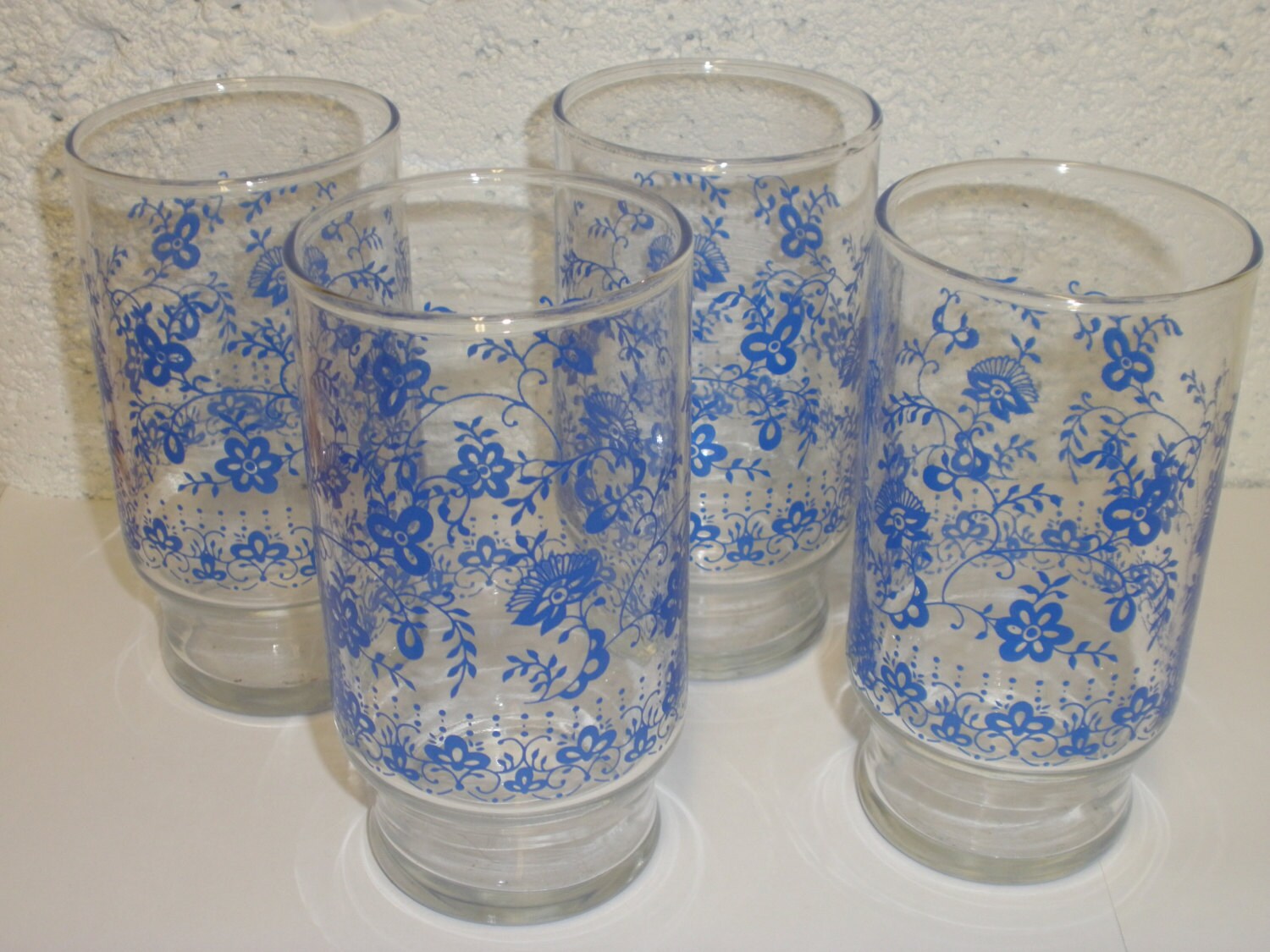 Vintage Anchor Hocking Blue Floral Glassware Set of 4