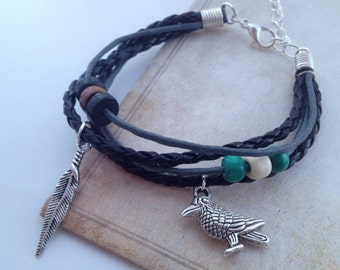 Viking bracelet Odin bracelet Raven Bracelet bohemian bracelet - Crow bracelet Native American - tribal bracelet - feather bracelet