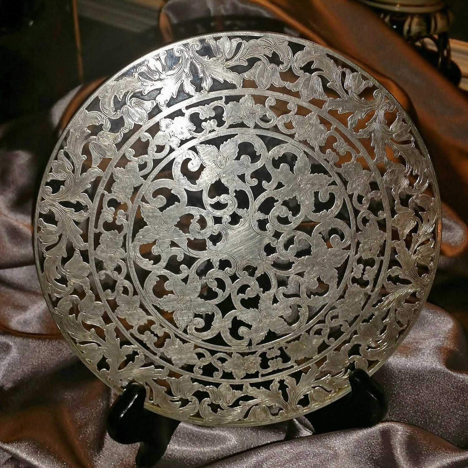 Vintage ster Sterling Silver Overlay Large Glass Trivet Haute Juice