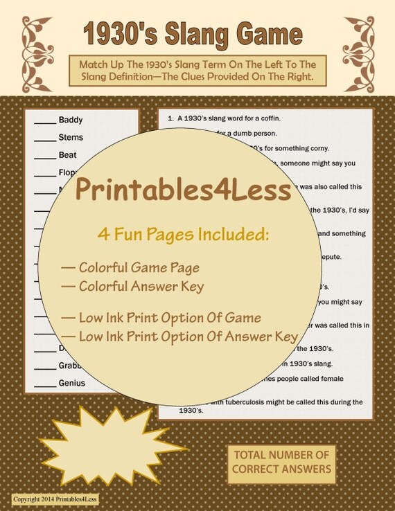 Dinner Party Games Ideas Part - 20: 1930s Slang Game, 1930s Party Ideas, Party Group Games, Dinner Party Games, Brain Teaser Games, Printable Game Ideas - By Printables 4 Less