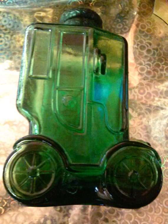 Green Glass Car Shaped Bottle Depose Italy 8 by RospersEmporium