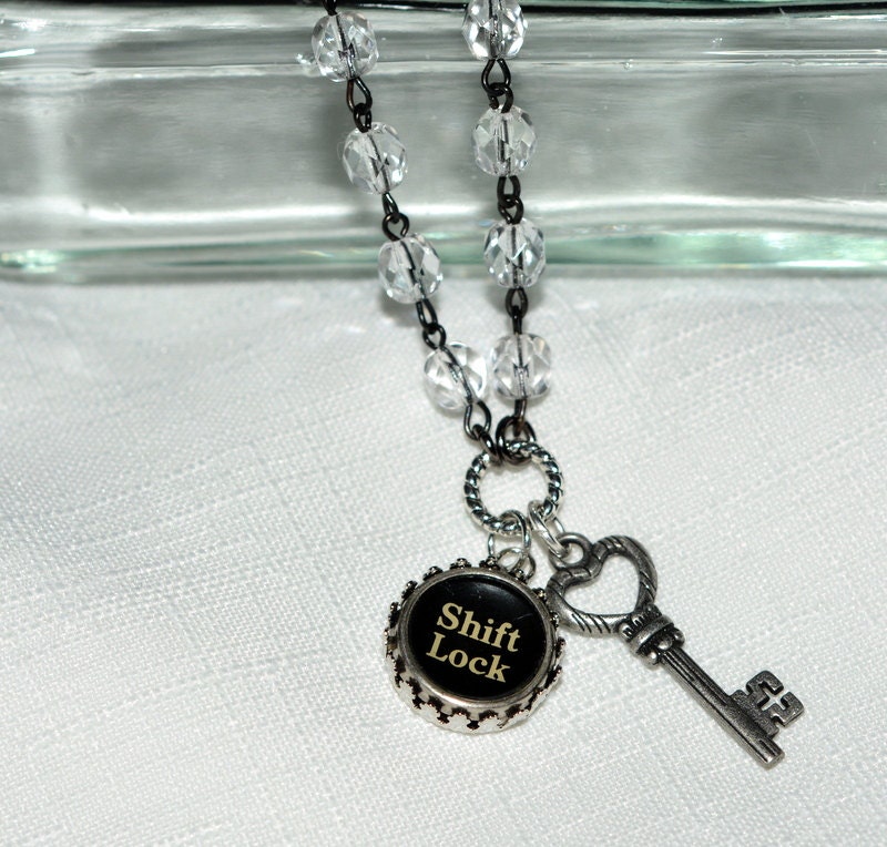 Typewriter Key Necklace with Vintage Shift Lock Typewriter Key, Crystal Bead Chain and Skeleton Key Charm