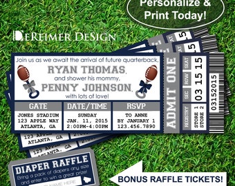 Sports Ticket Baby Boy Shower Invitation, All-Star Baby Shower, Football, Blue and Gray, DIY Word Template +BONUS Diaper Raffle Tickets
