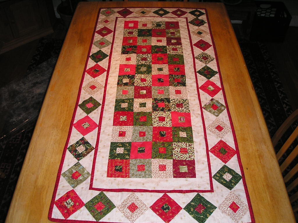 Festive, Handmade, quilted Christmas Decoration, table topper,table runner, Wall hanging, rectangle in green, red, beige, Holiday deco,