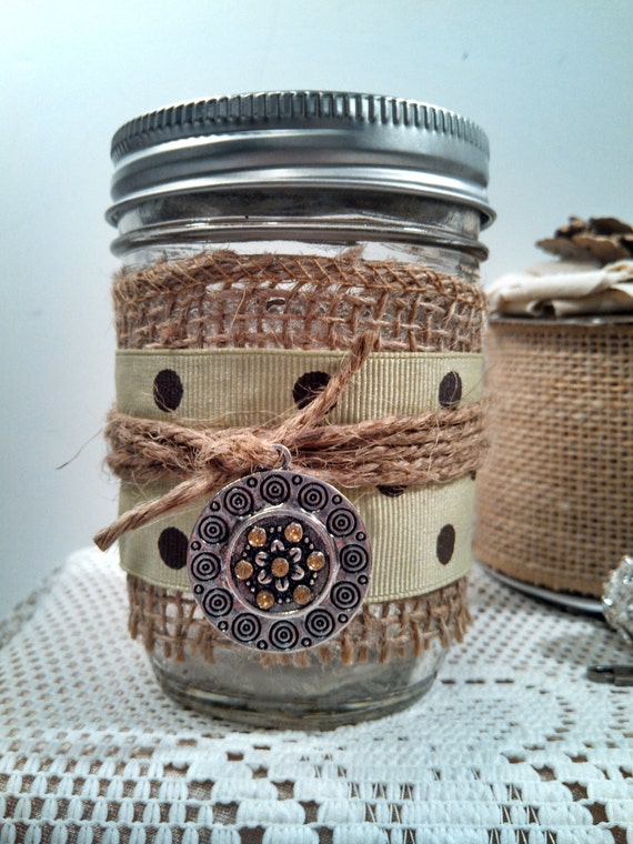 Items similar to Mason jar, half pint; burlap and ribbon; twine and