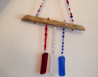 Red, white and blue fused glass windchime, patriotic