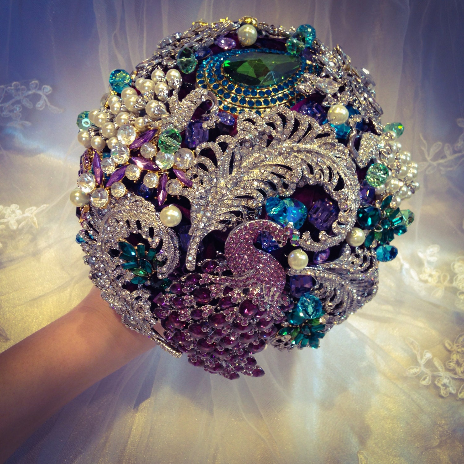 Peacock Purple crystal pearl custom brooch bouquet. Reserved for Samantha