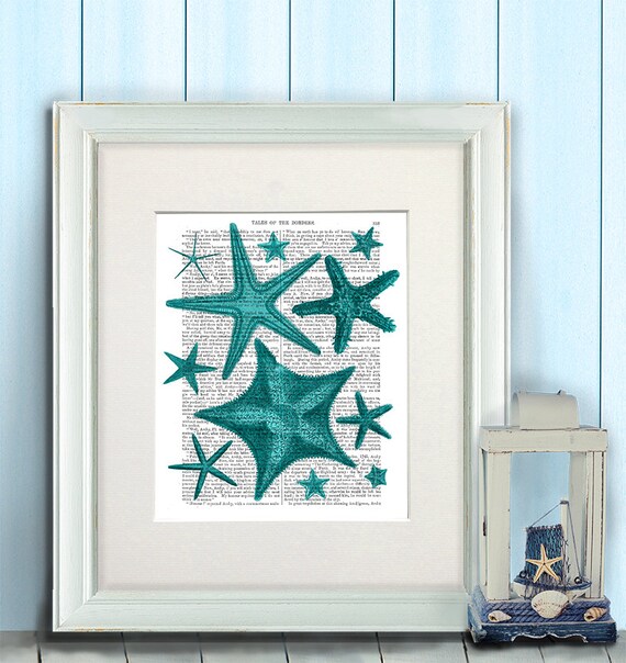 Green Starfish Print nautical print beach house decor