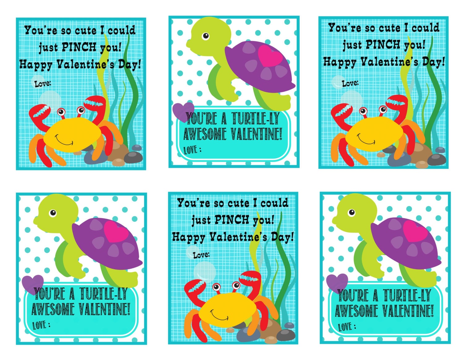 Crab and Turtle Valentine Cards Kids Printable Valentine