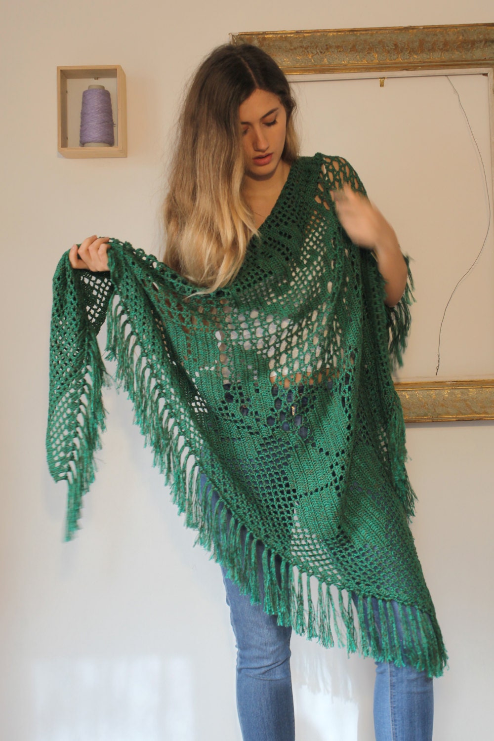 Green crochet shawl fringed wrap cotton viscose lace shawl