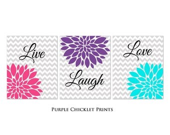 Live Laugh Love Art Flower Bursts Set Gray Chevron Prints Purple Pink Aqua Colorful Room Decor Nursery Room Art for Kids Room 3-8x10 (245)