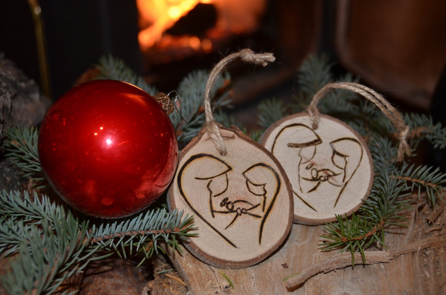 Nativity christmas ornament, Decoration, Holiday Handmade Teacher/Neighbor/Coworker Gift, Yuletide, Rustic Tree Branch, HandDrawn, Gift Wrap